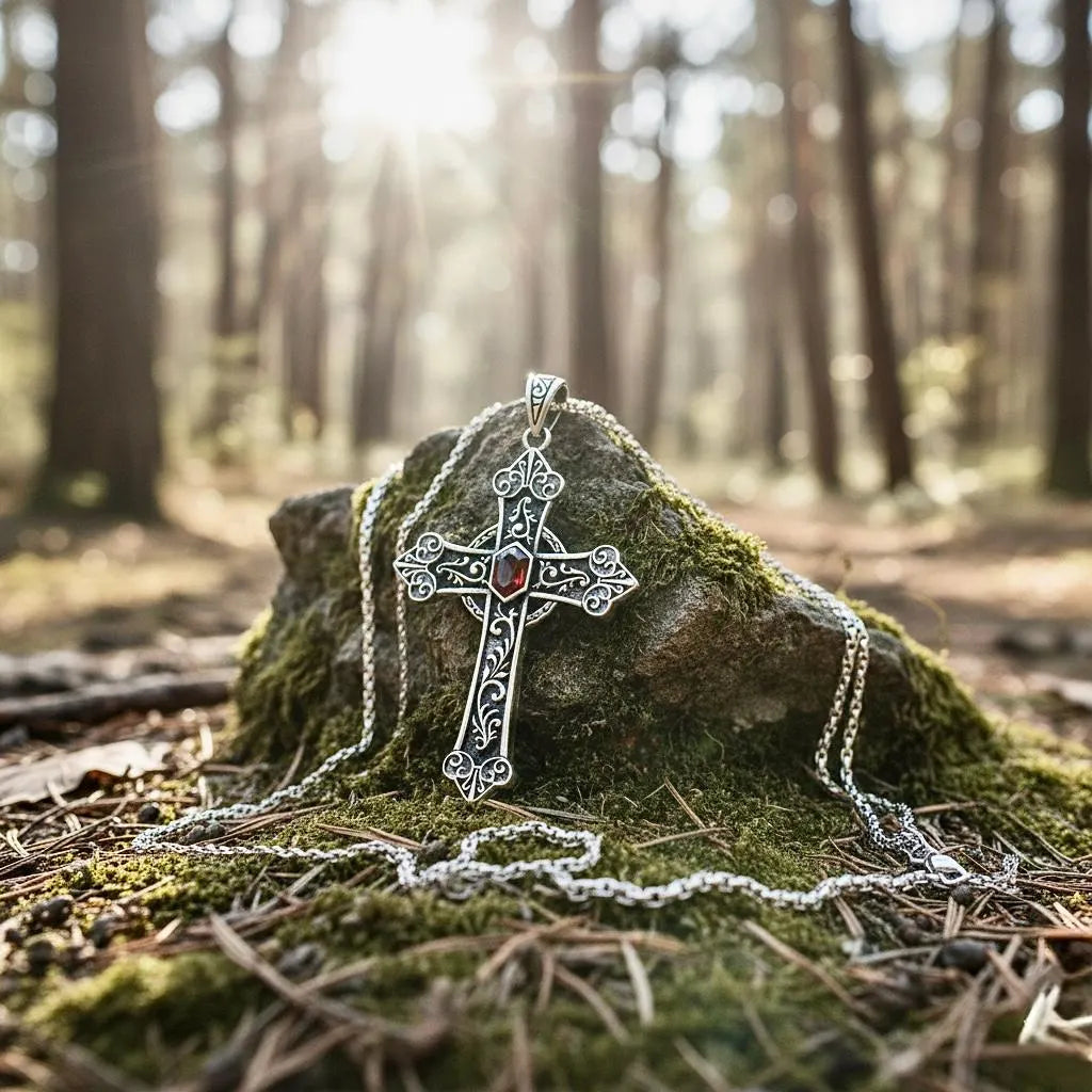 Irish Celtic Solid Sterling Silver Cross Natural Red Garnet Necklace S925 Pendant for Women Cast Jewelry link Chain Jewellery for Girls