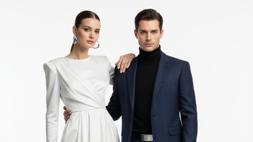 Hombre y mujer modelando ropa