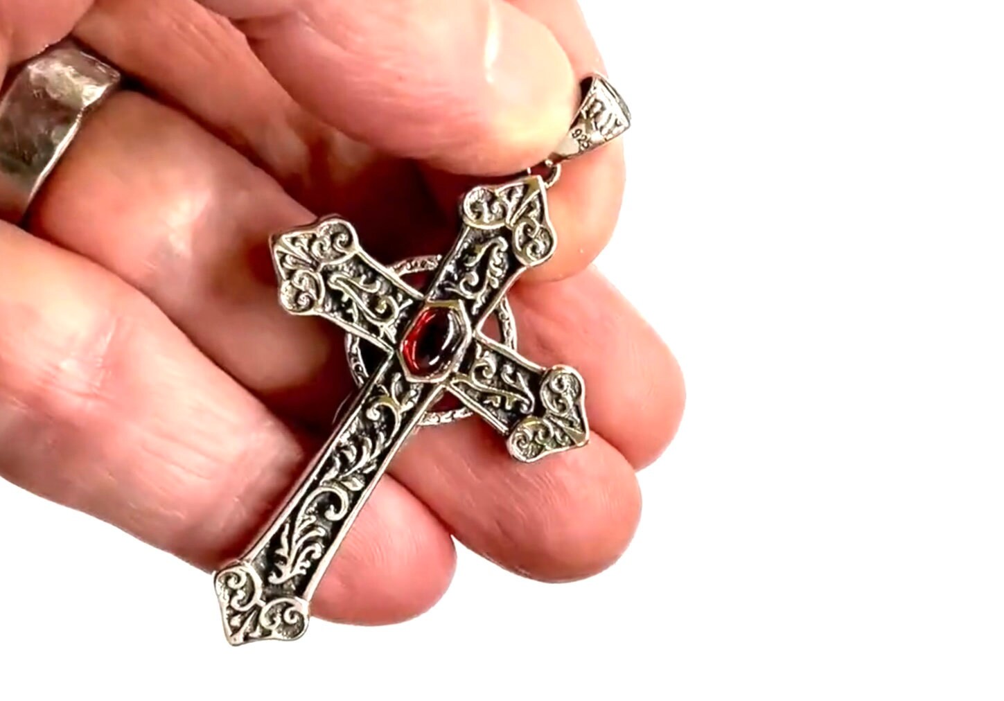 Irish Celtic Solid Sterling Silver Cross Natural Red Garnet Necklace S925 Pendant for Women Cast Jewelry link Chain Jewellery for Girls